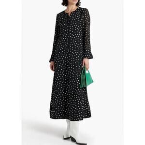 GANNI Black White Polka Dot Long Sleeve Midi Dress EU 34